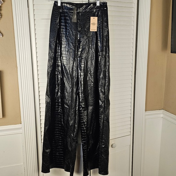 NWT PLT Label Womens Black Croc Faux Leather Wide Leg Tailored Trouser Pants 4 - Picture 1 of 7